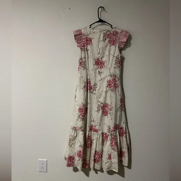 Buru X Megan Stokes Pink Floral Ruffle Sleeve Midi Maxi Dress Size Small - Picture 8 of 8